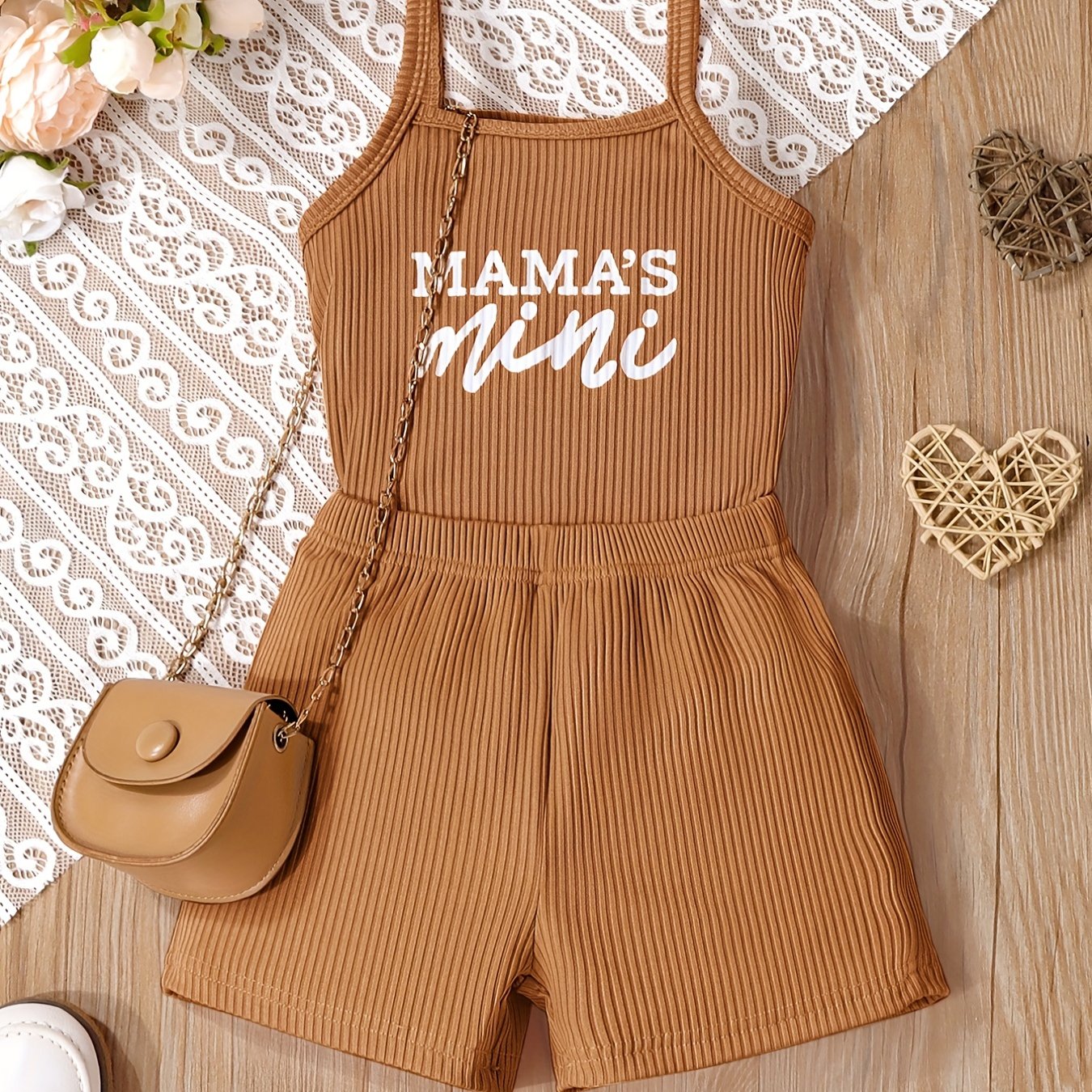 2pcs Toddler Girls Letter "MAMA'S MINI" Graphic Cami Top & Elastic Waist Shorts Set Kids Summer Outdoor Clothes